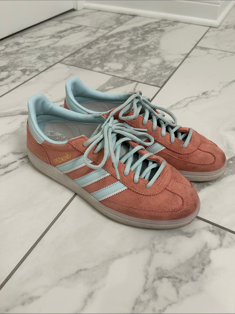 adidas Handball Spezial  Suede Sneakers in Coral Pink with Light Blue Accents